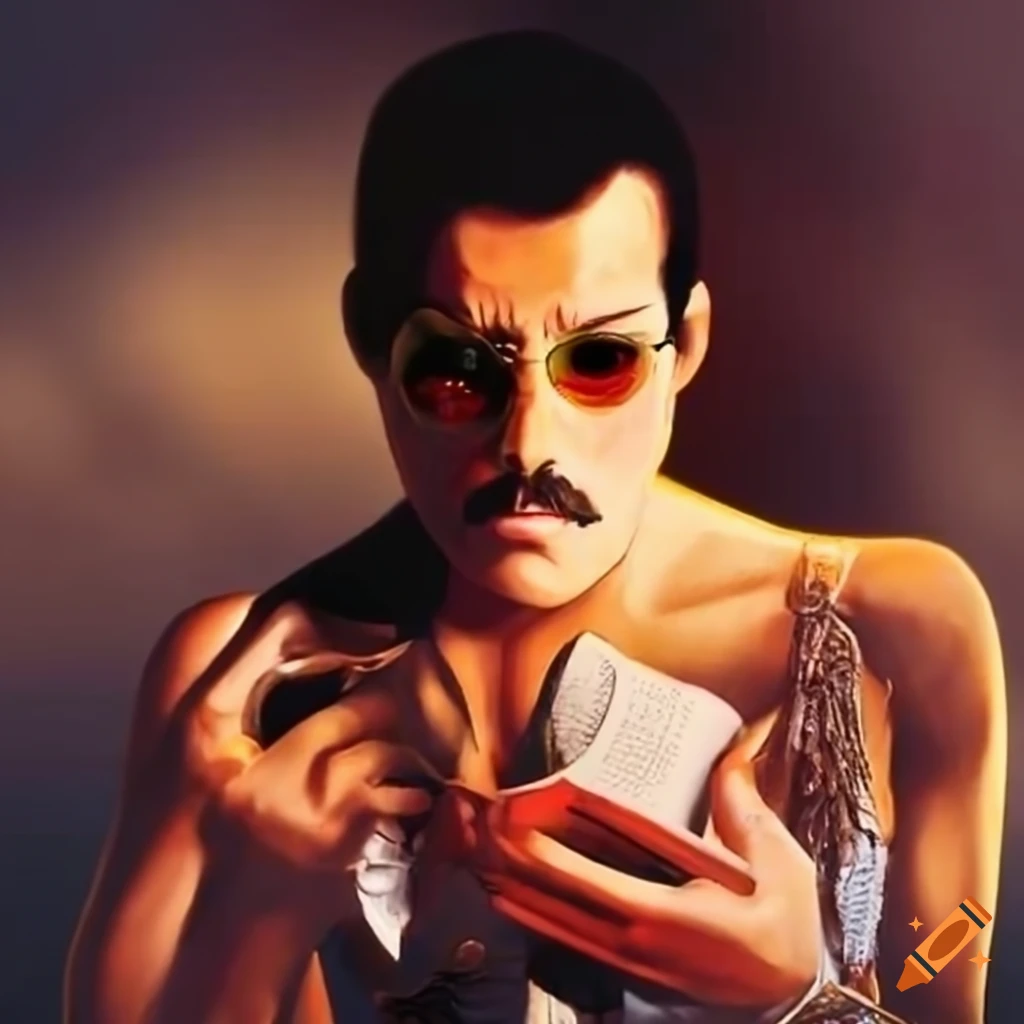 Portrait of freddie mercury with a book on craiyon