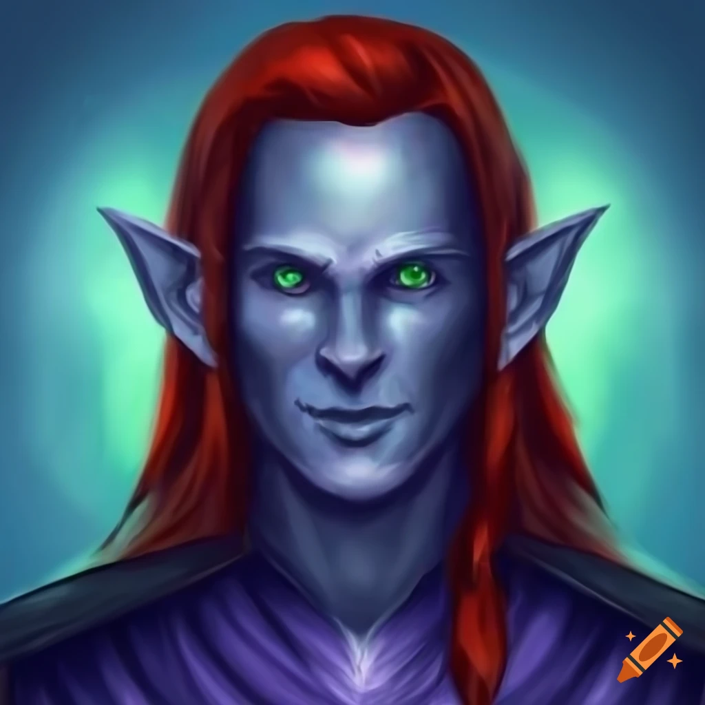 Drawing of a male elf wizard with dark red hair and green eyes