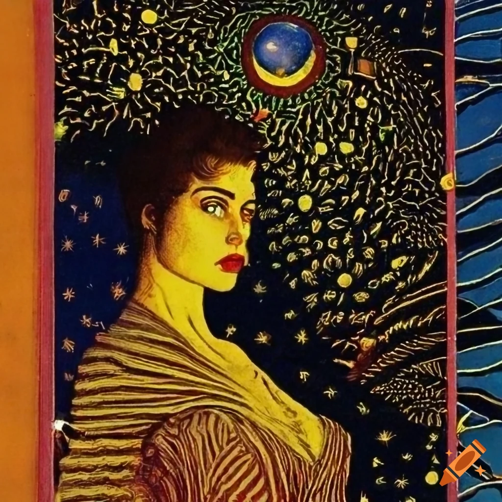 pulp magazine cover with nonbinary person looking at the universe