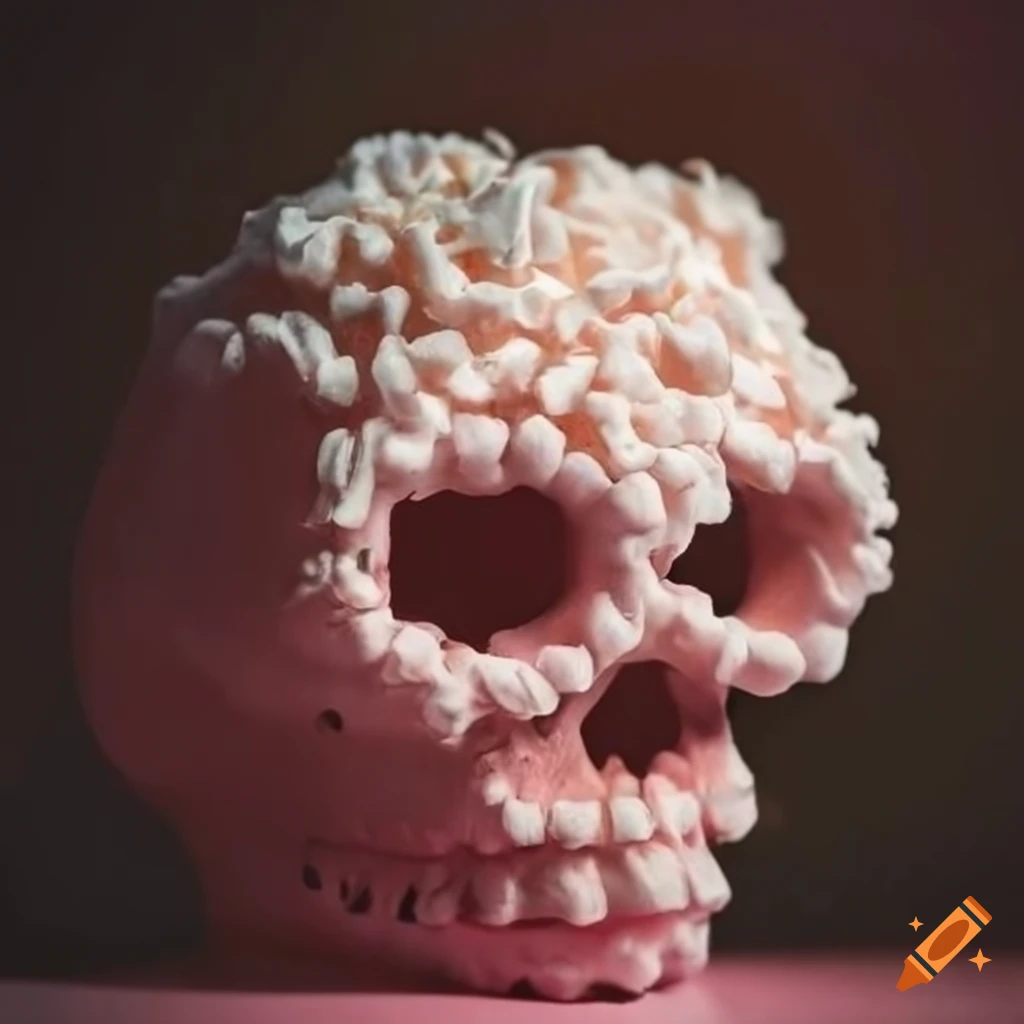 marshmallow skull with strawberry eyes and tropical plants