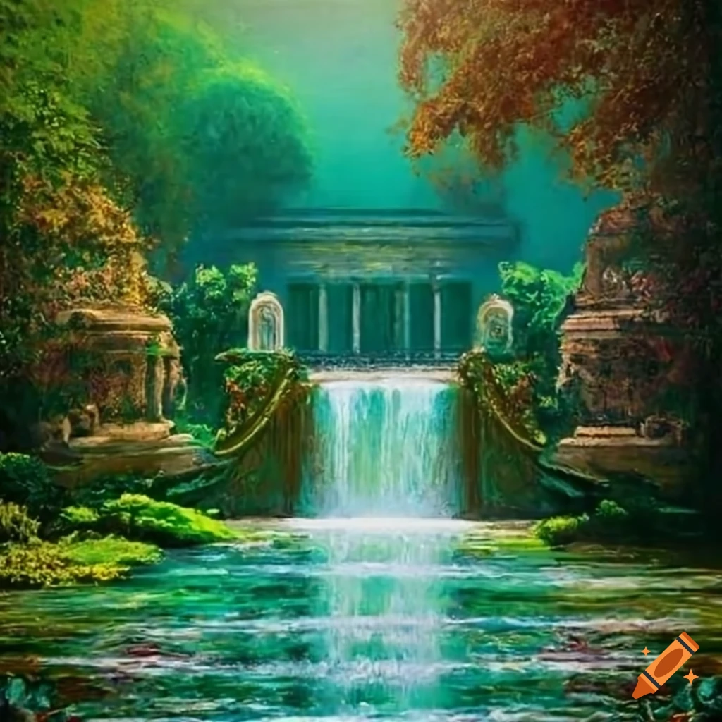 Monet-inspired garden scene with a baroque balcony and fountain