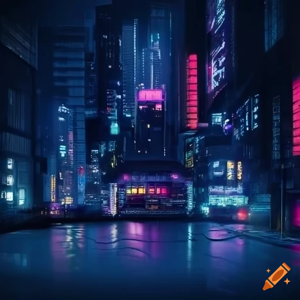 Front view of a cyberpunk city at night on craiyon