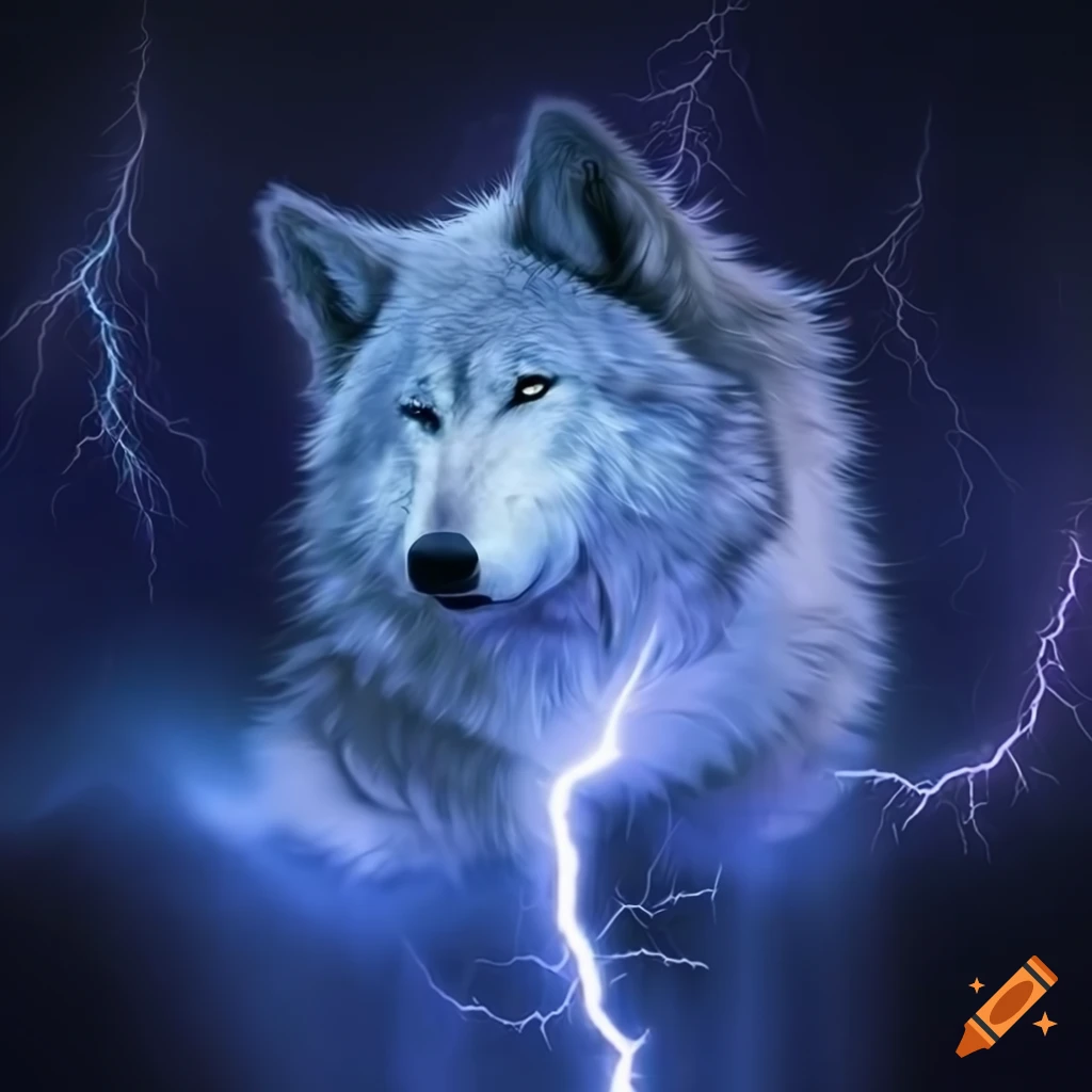 White wolf against a lightning background on Craiyon