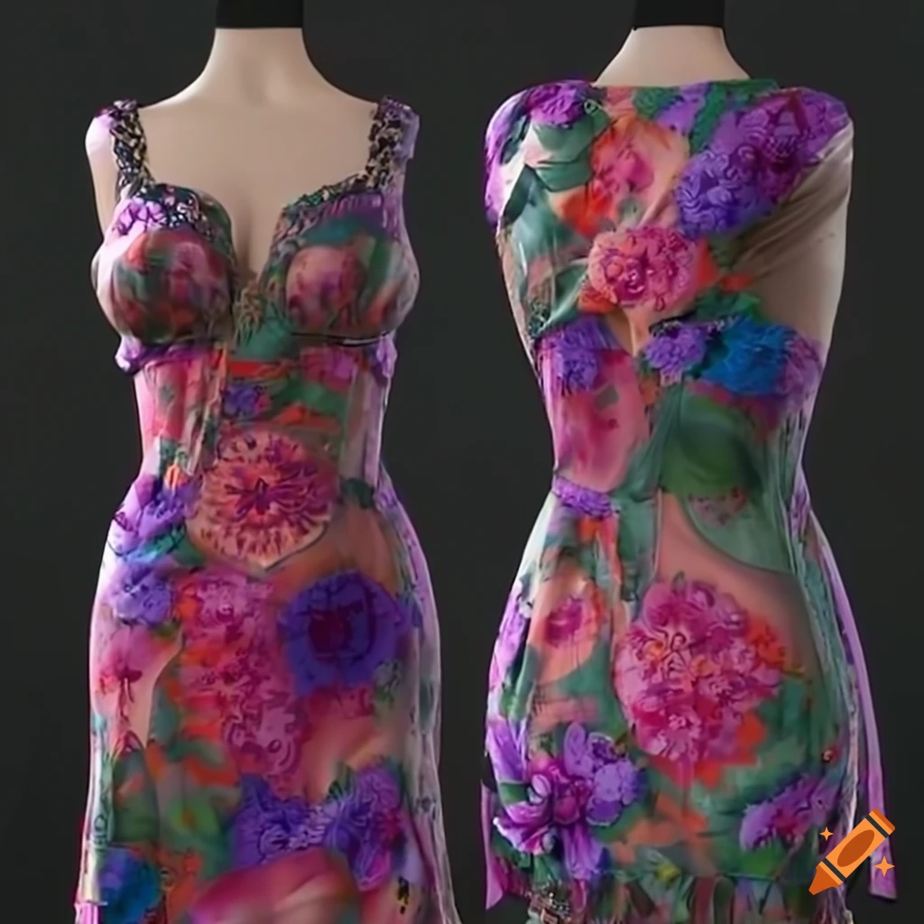 High res silk mini dress with vibrant blooms print on Craiyon