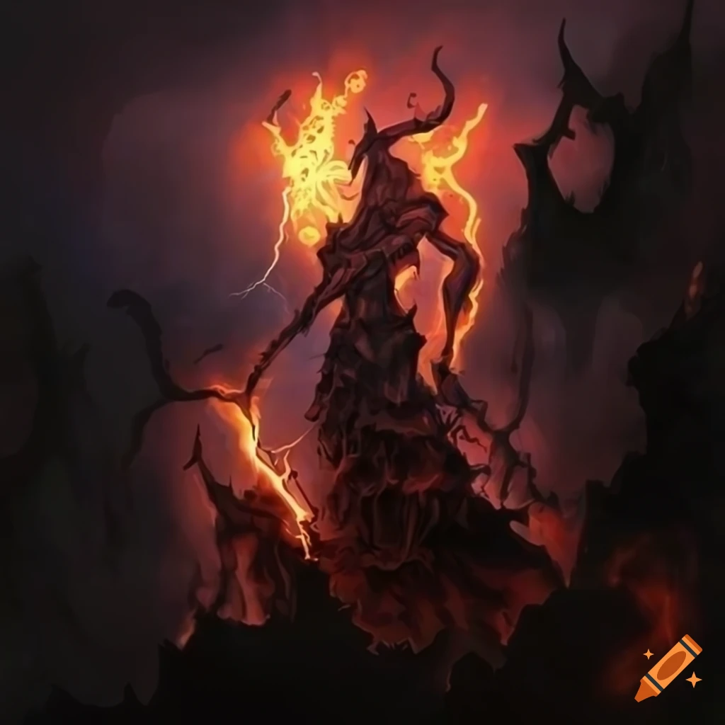 artwork of a demon surrounded by lightning bolts and black smoke