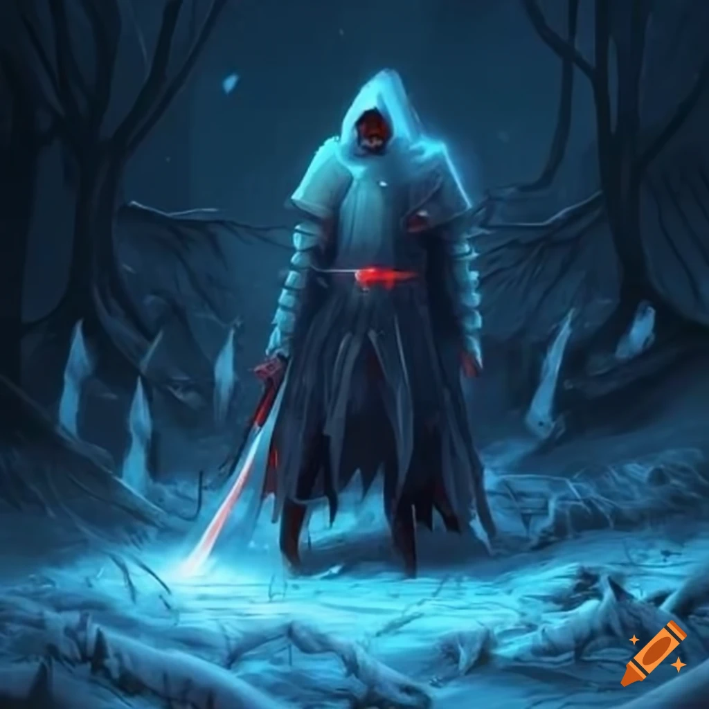 digital artwork of a lone wanderer with a glowing red sword in a blizzard