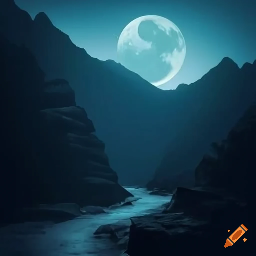 moonlit rocky path through dark mountains