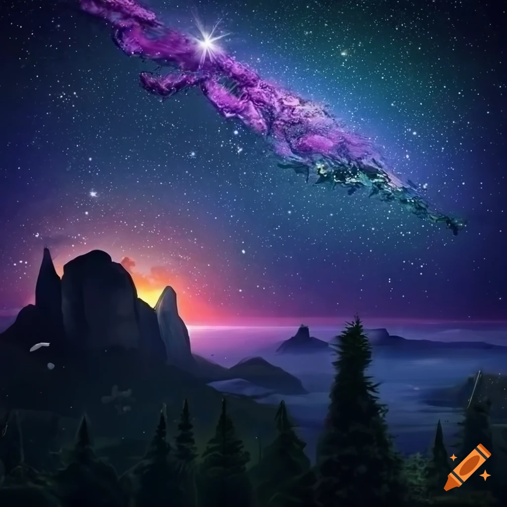 gorgeous landscape with a starry sky and blooming flowers