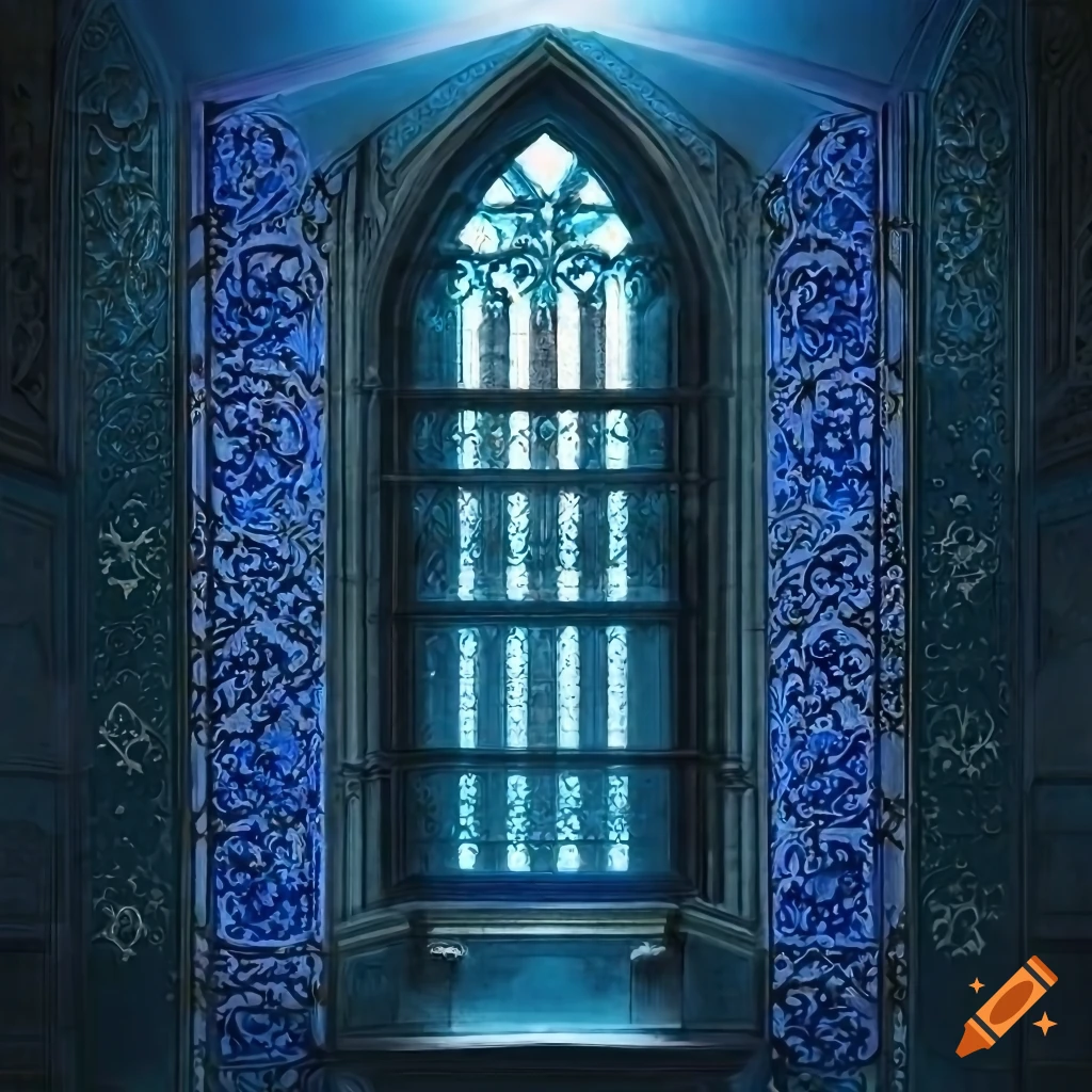 Bluebaroque gothic window with ornaments background wall on Craiyon