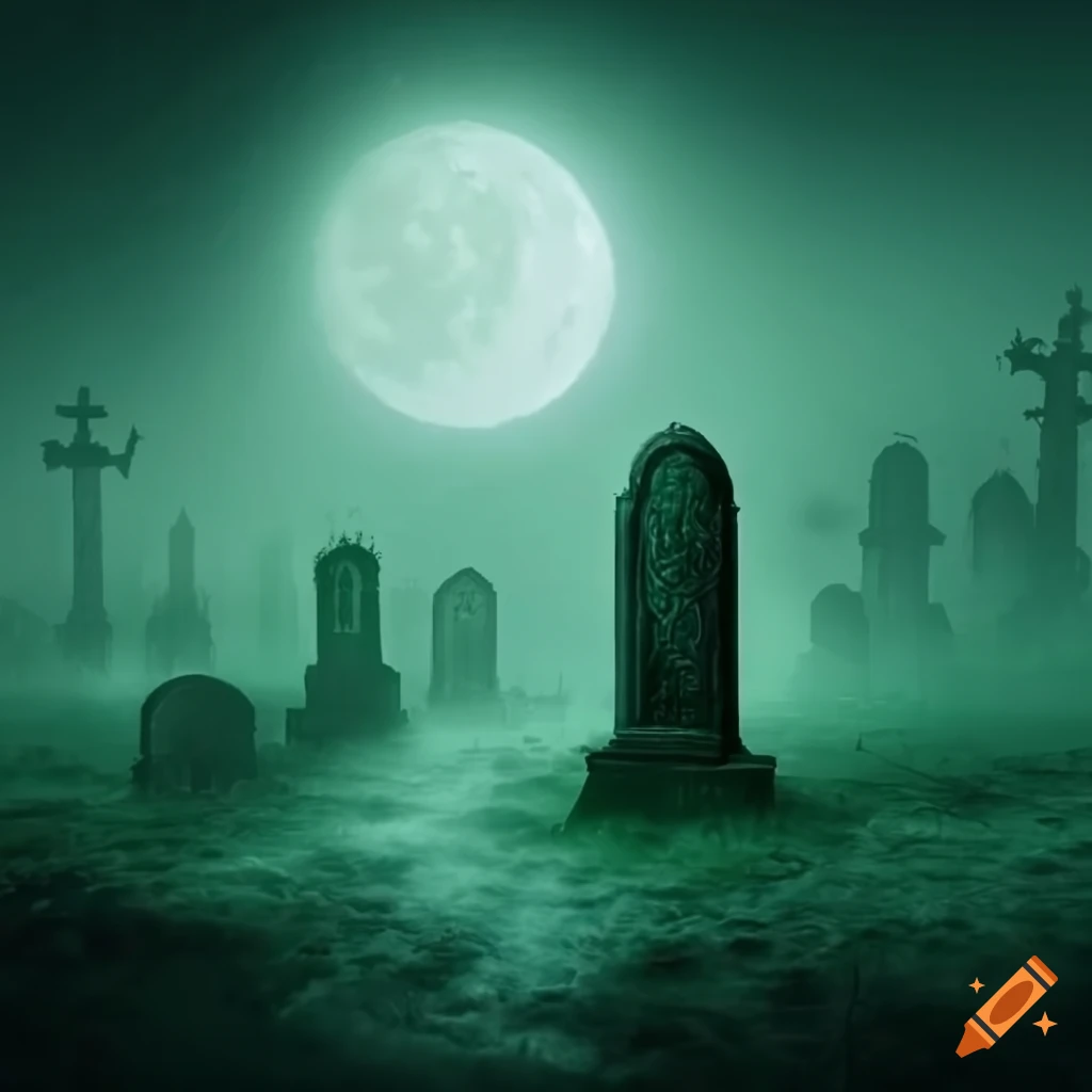 Eerie graveyard with fog and a yellow moon