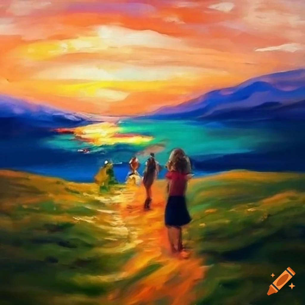 Oil painting of friends on a hill on Craiyon