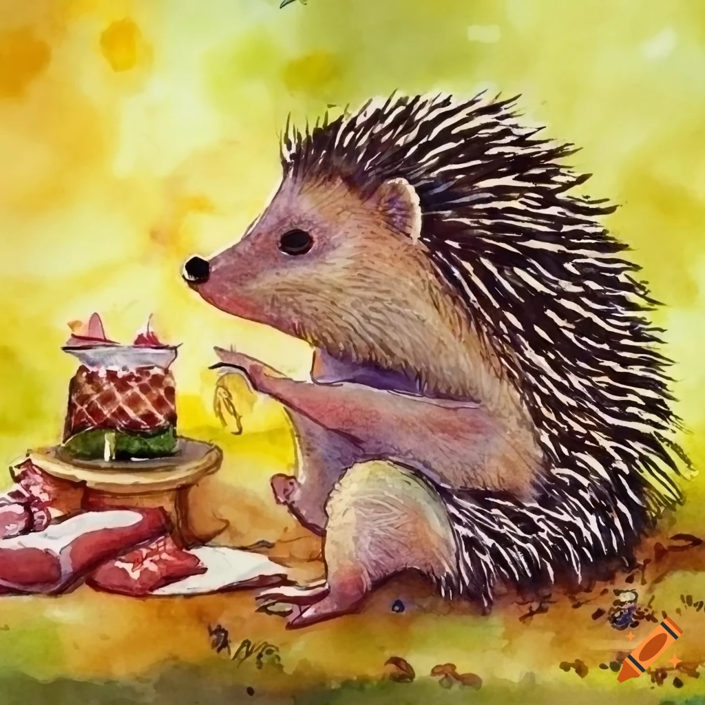 watercolor illustration of a hedgehog having a picnic