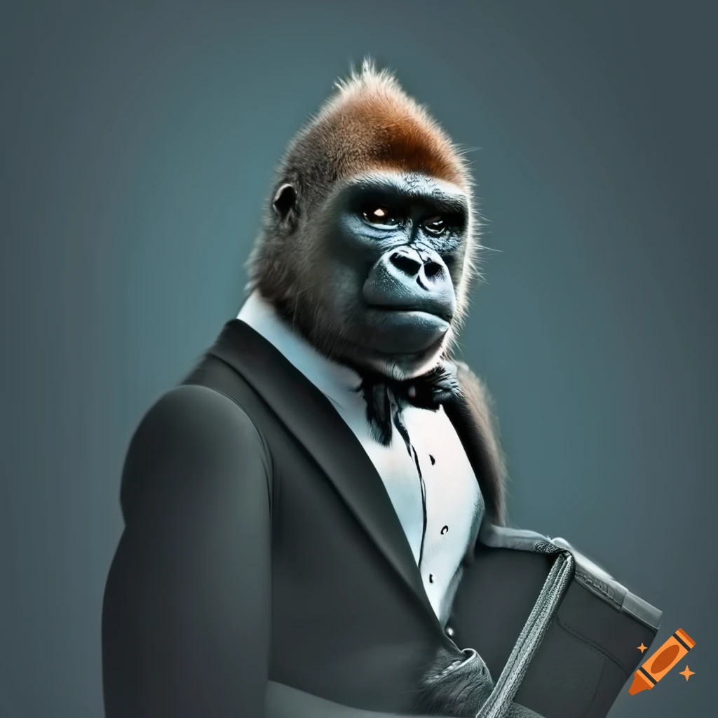 Gorilla in a tuxedo holding a briefcase on Craiyon