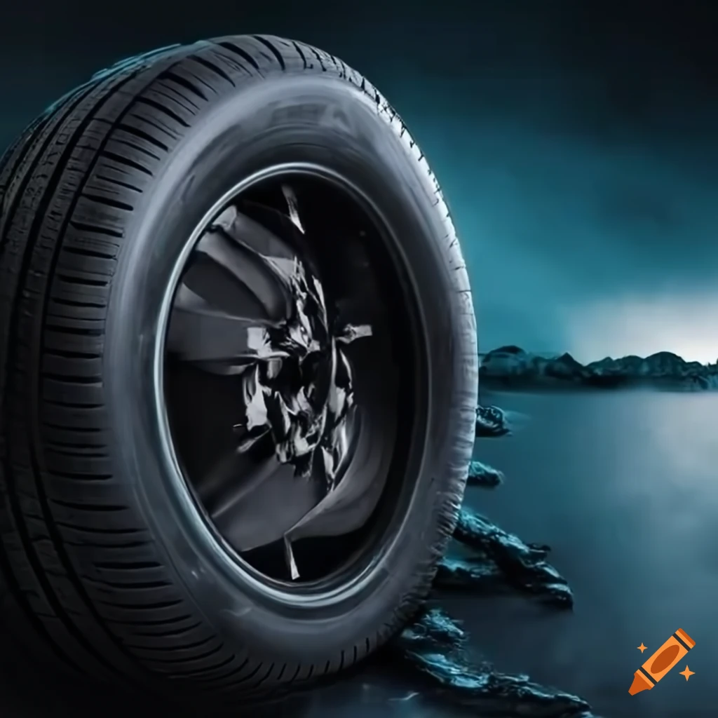 stormy background with a tire and product information