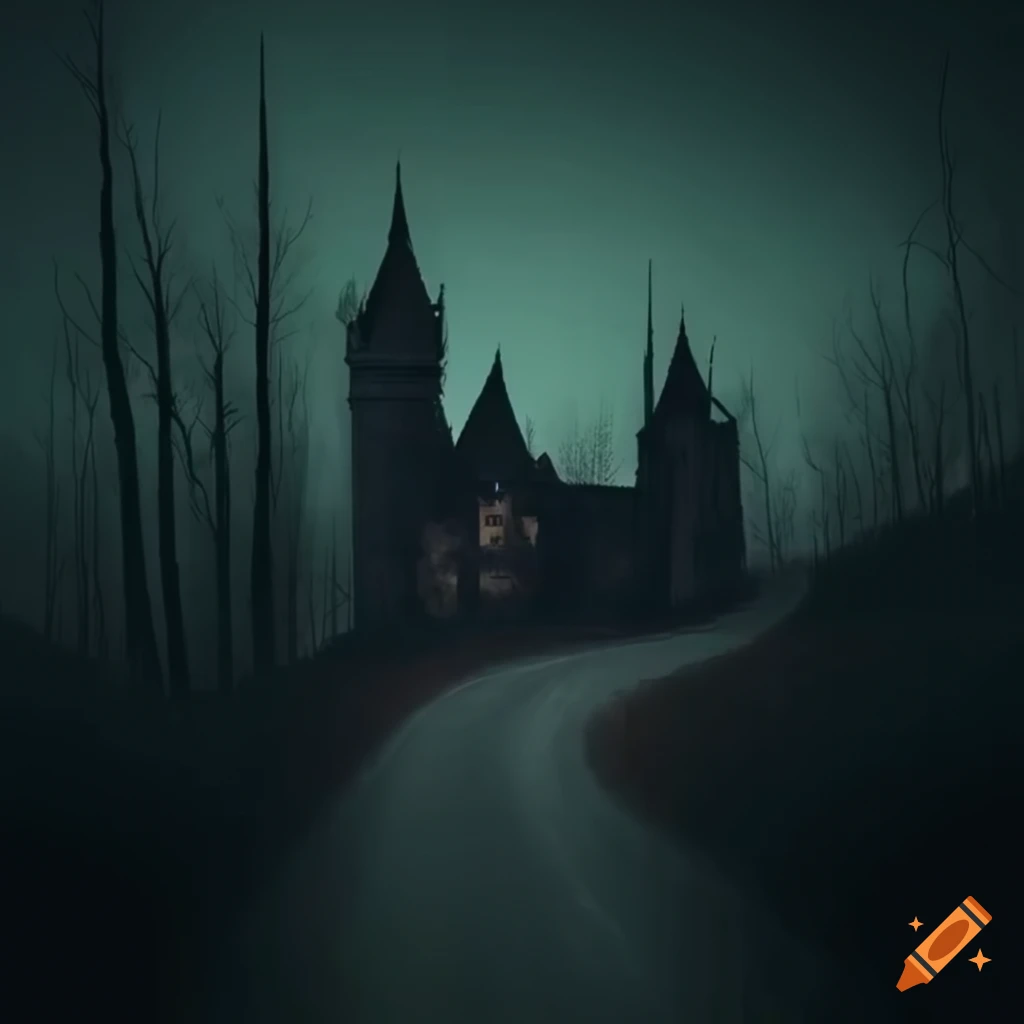 dark castle amidst leafless trees