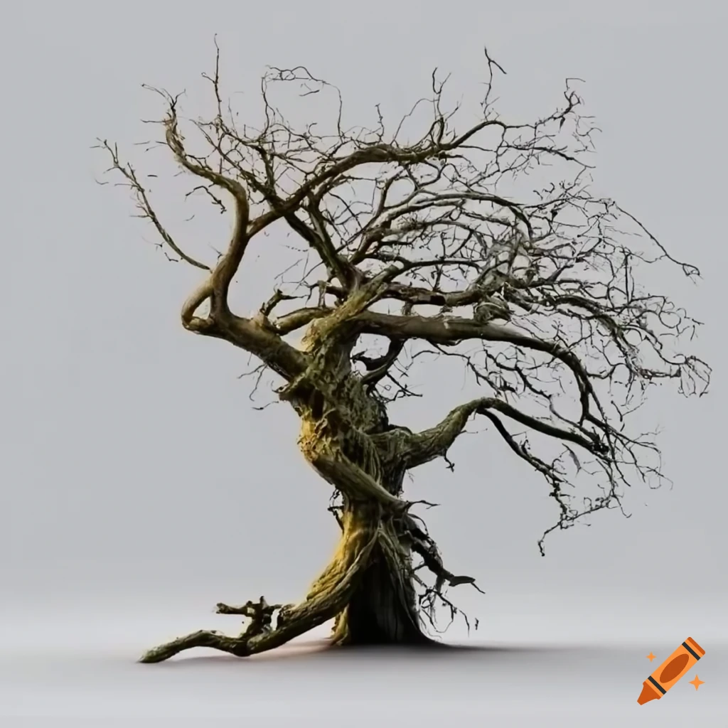 surrealist tree with twisted vines on white background