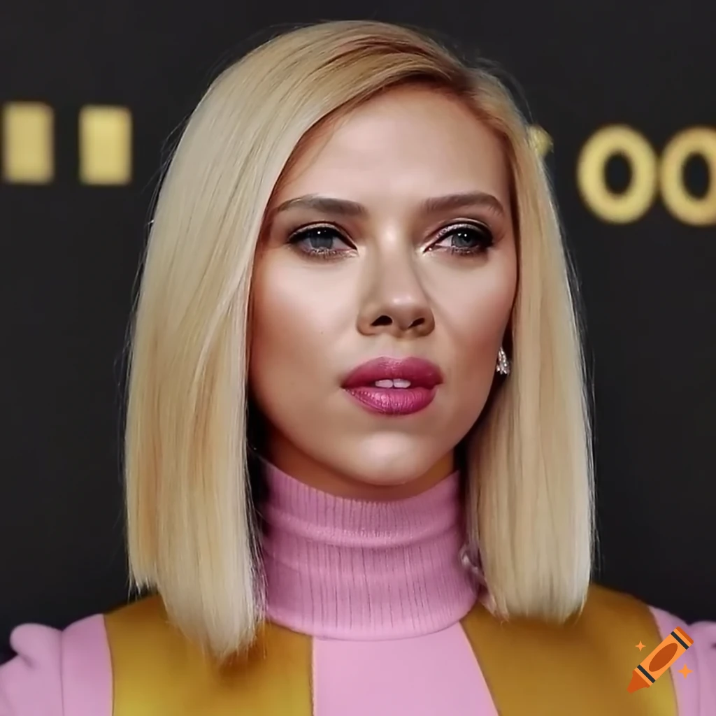Scarlett Johansson with a pink turtleneck against a gold background