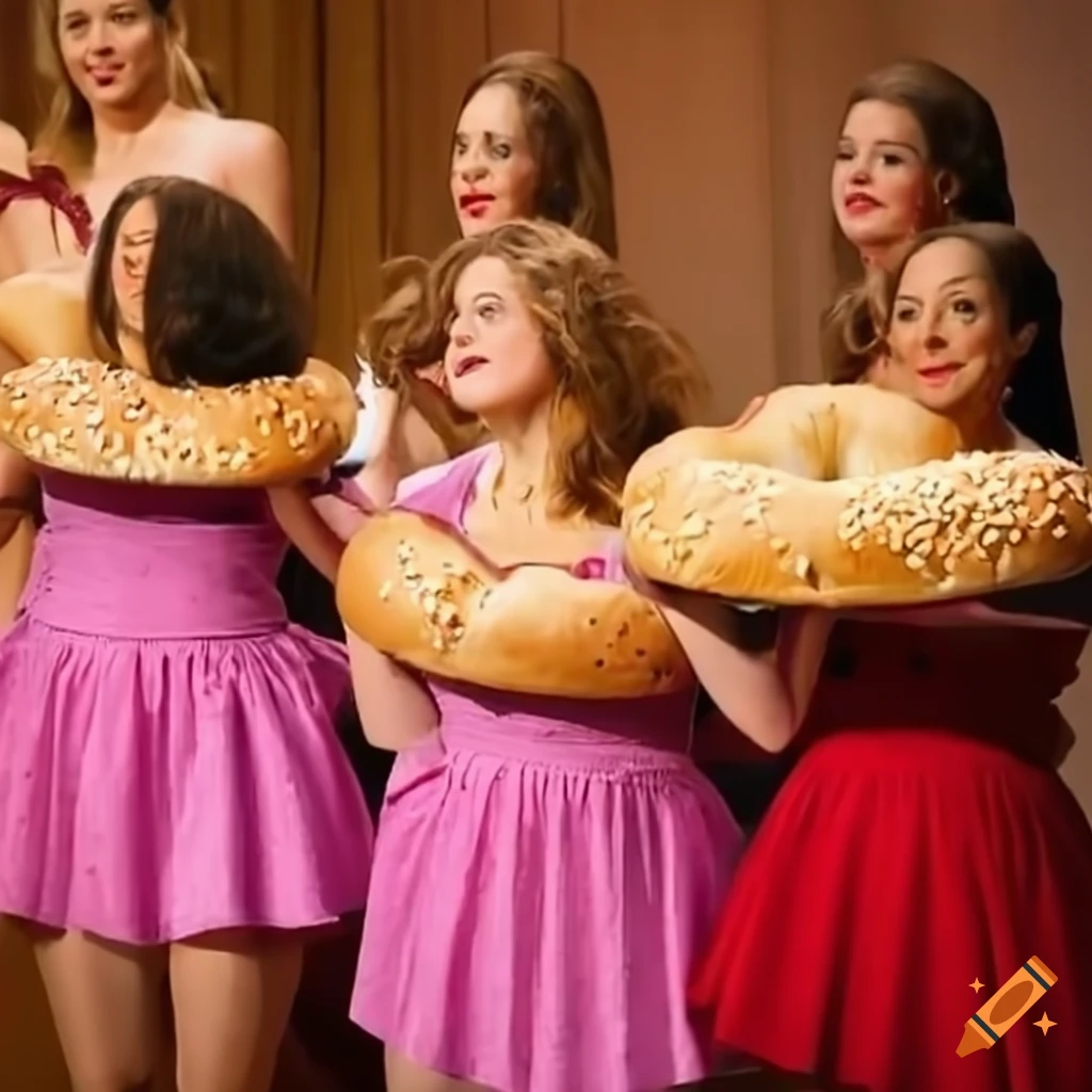 chorus girls holding giant bagels