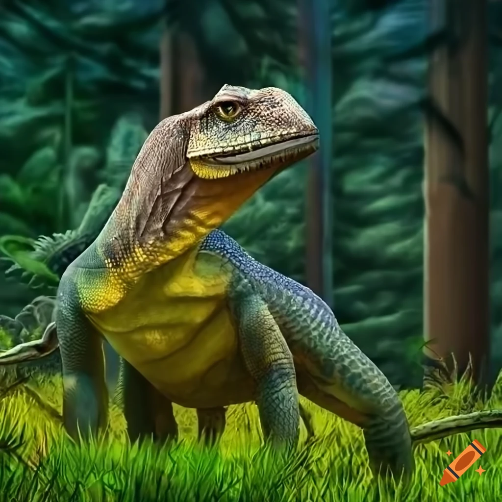 colorful Iguanodon dinosaur in warm morning light