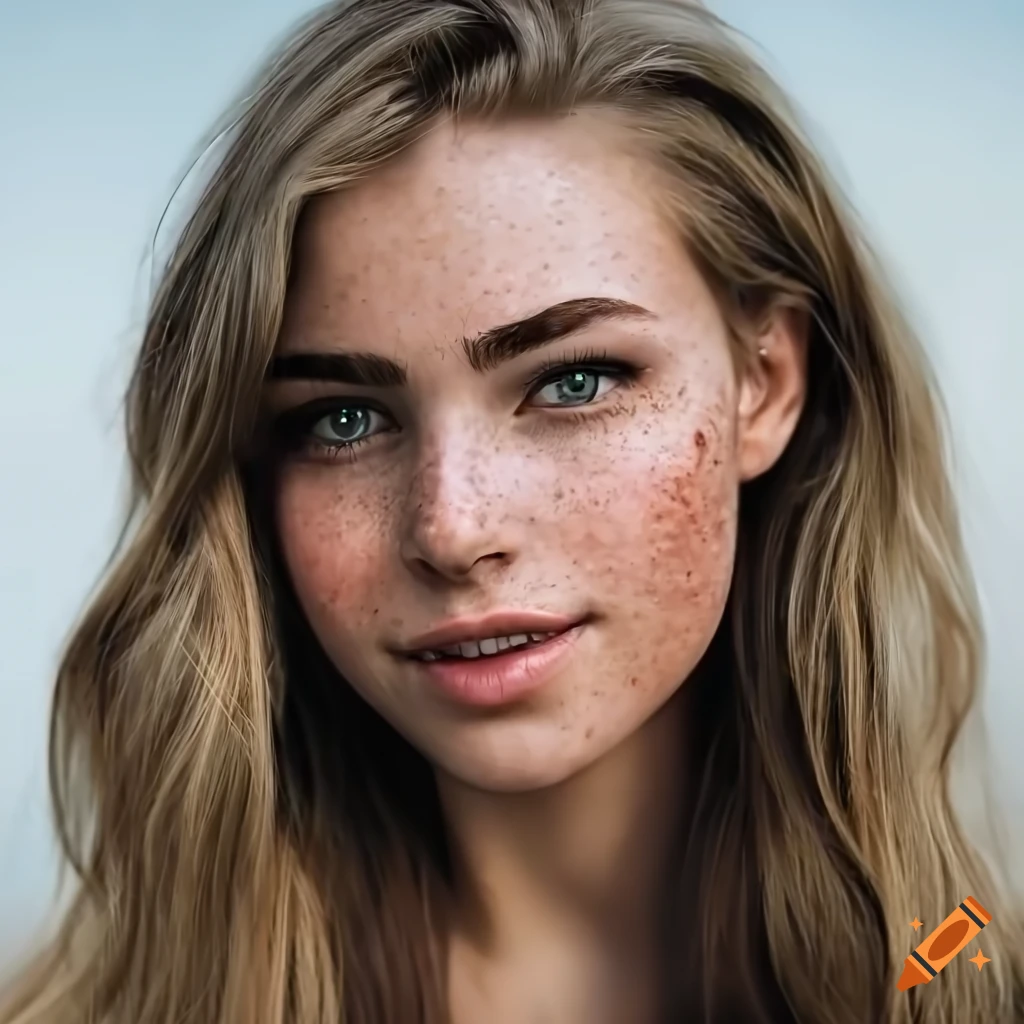 Portrait of a beautiful young woman with a shy smile and freckles on ...