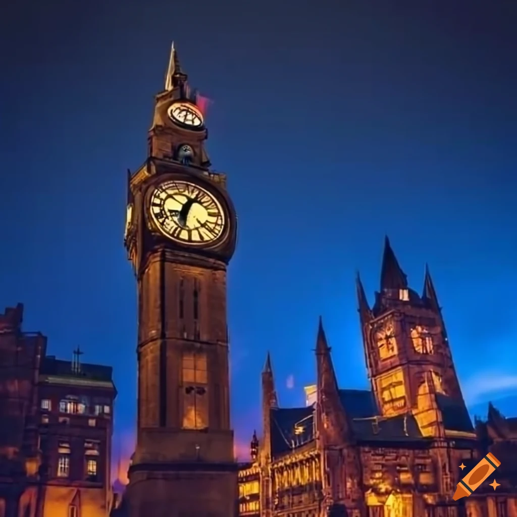 night view of a clock tower in a british city