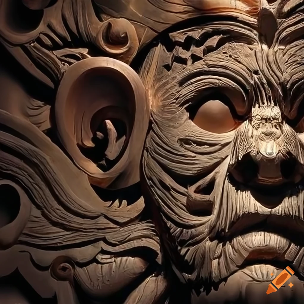 detailed carving of a moth werewolf motif