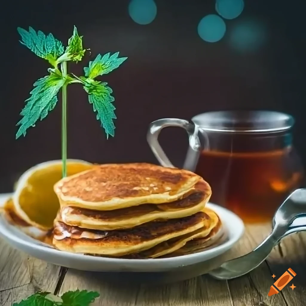 delicious pancakes with maple syrup and nettle tea