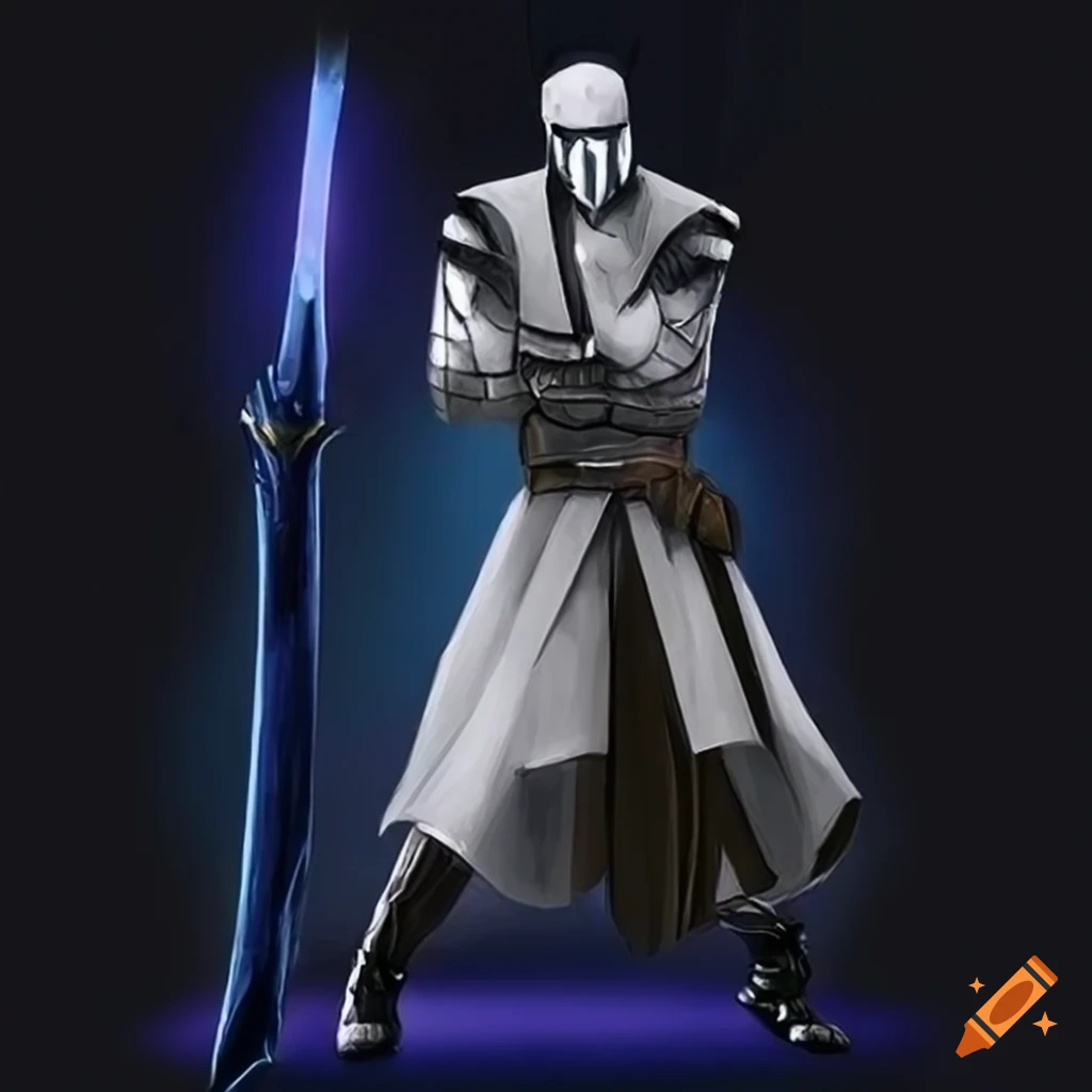 fusion of Mace Windu and Orochimaru in blue and white templar armor