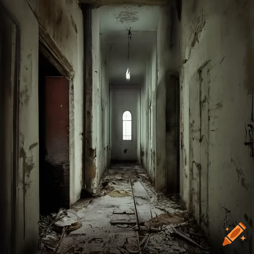 photorealistic image of an empty abandoned corridor