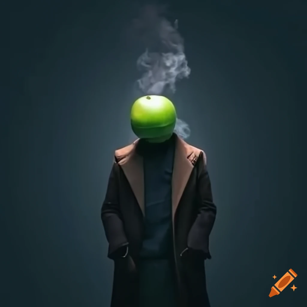 surreal image of a man with a floating green apple