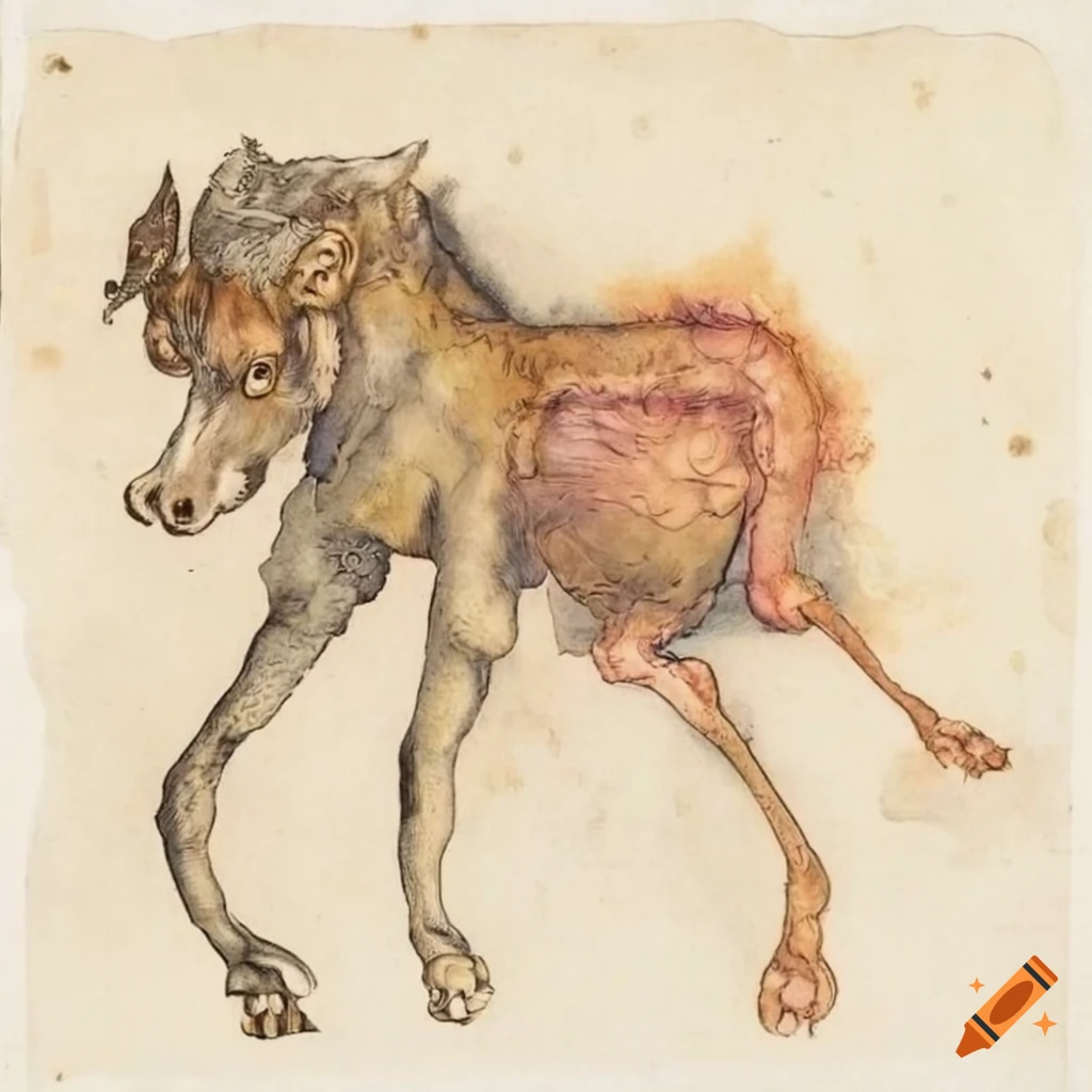 Albrecht Durer inspired painting of a dog-headed horse