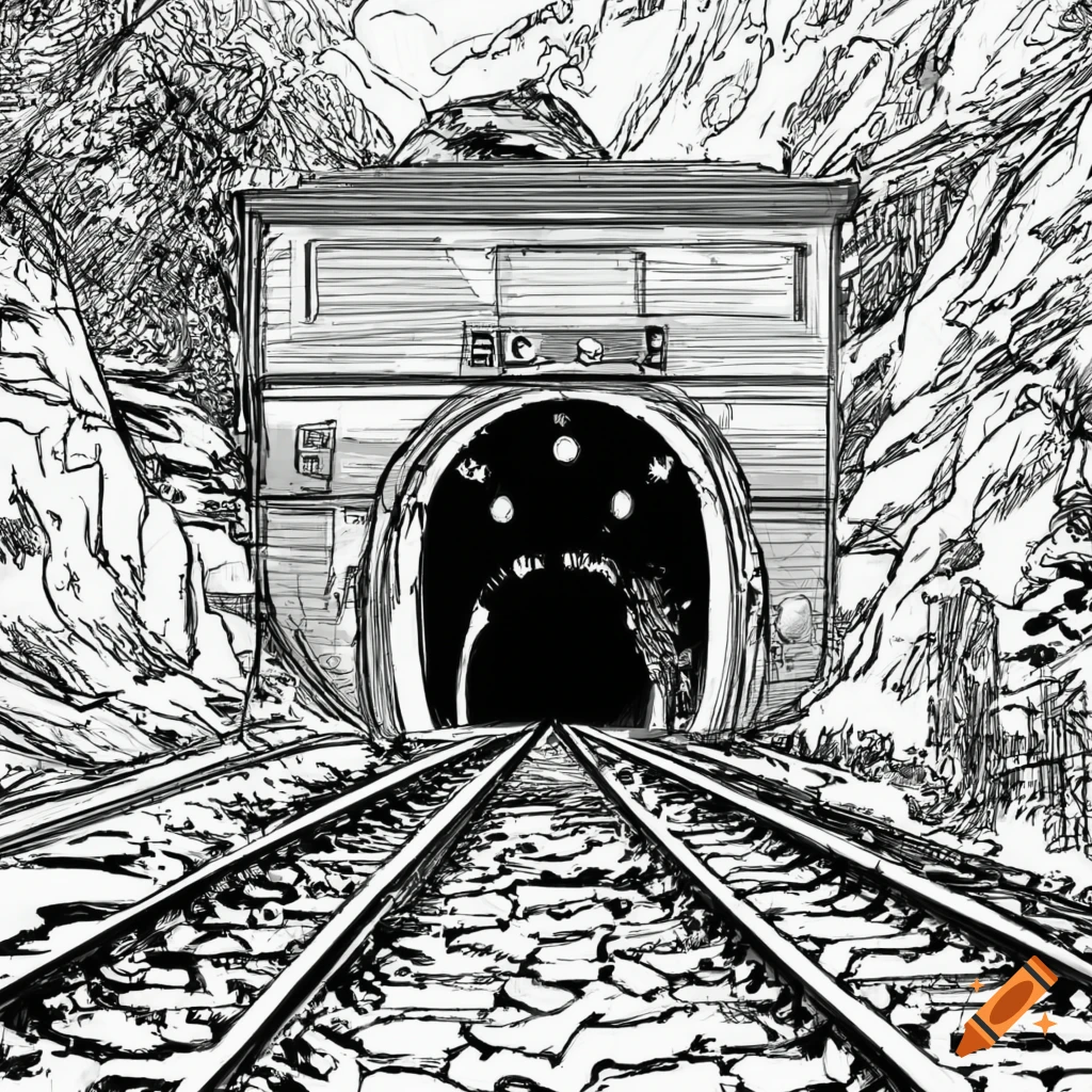 Black and white comic drawing of a train entering a tunnel on Craiyon