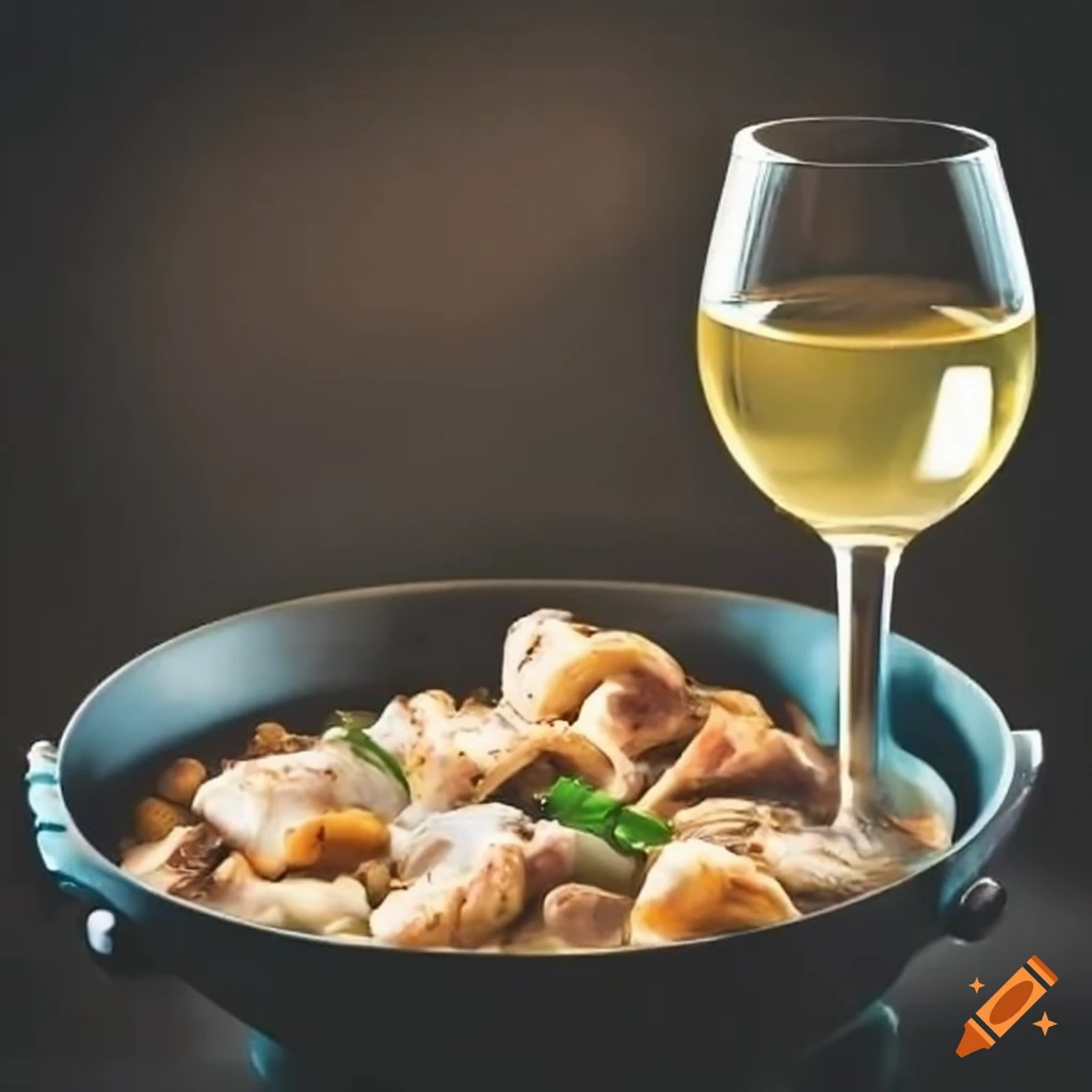 Skillet cooking with white wine and ingredients on Craiyon