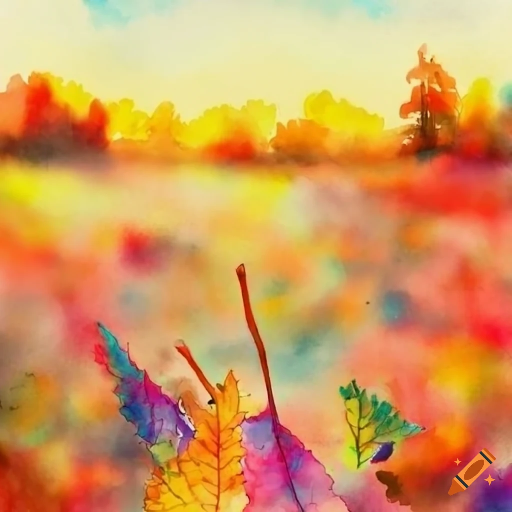 Colorful watercolor illustration of a spring leaf field
