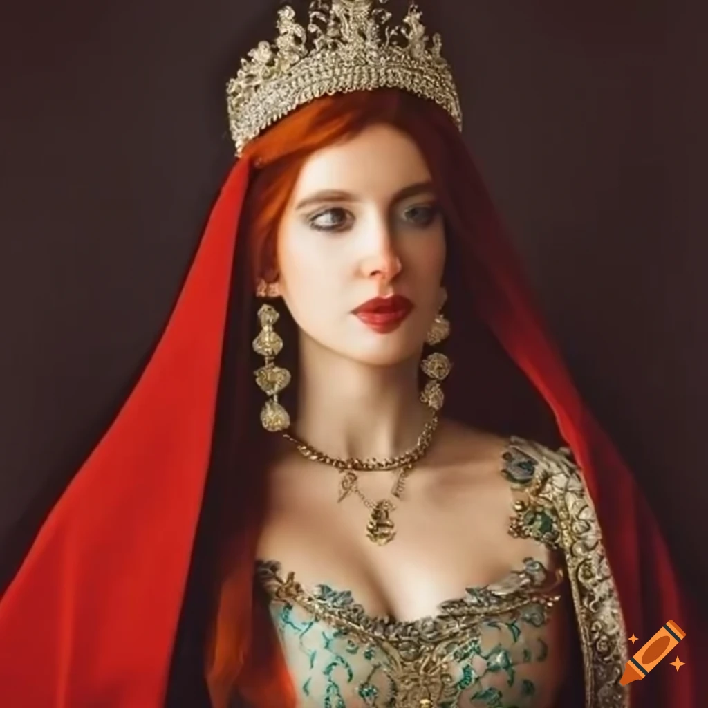 portrait of a red-haired woman in a sultan's outfit