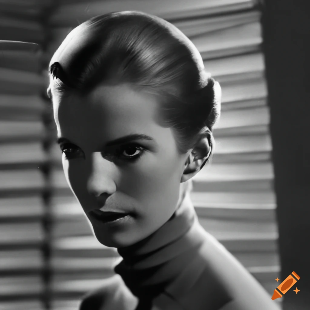 black and white film still of Betty Gilpin in a turtleneck