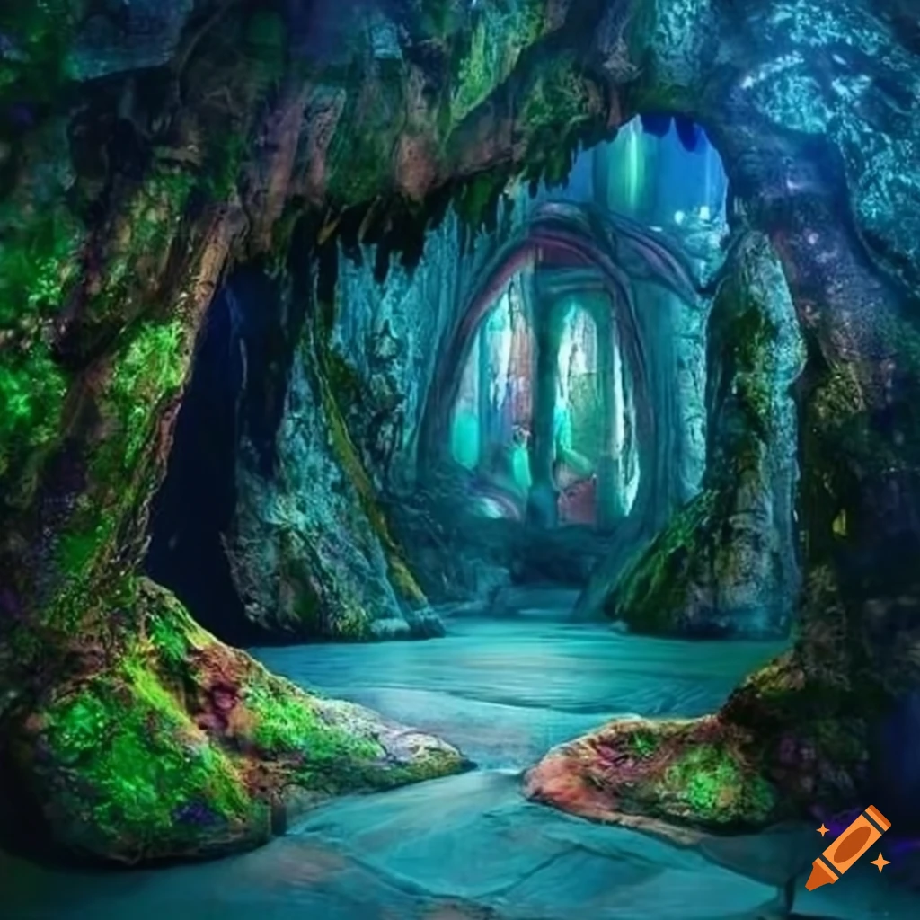 entrance to a crystal cave in an enchanted forest