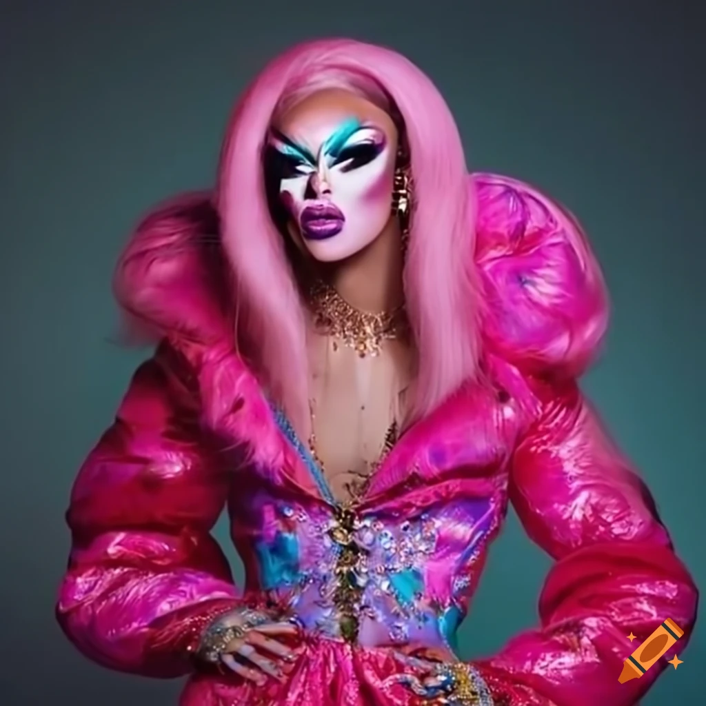 Drag queen in vibrant puff jacket-themed outfit on runway on Craiyon