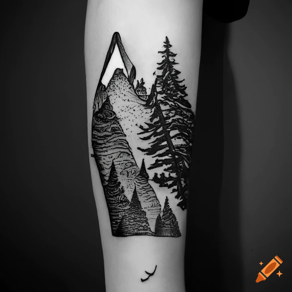 black and white tattoo of a tree and mountain