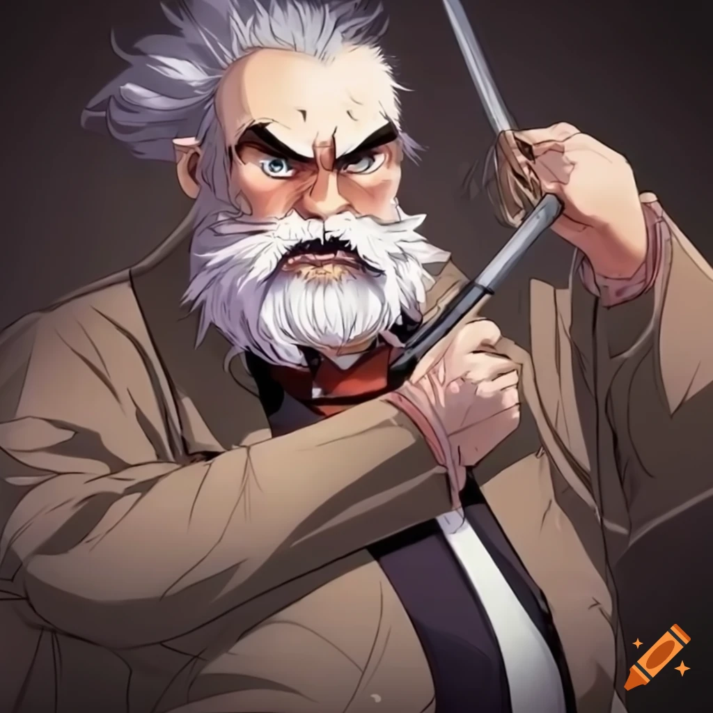 old fat anime barber with white moustache