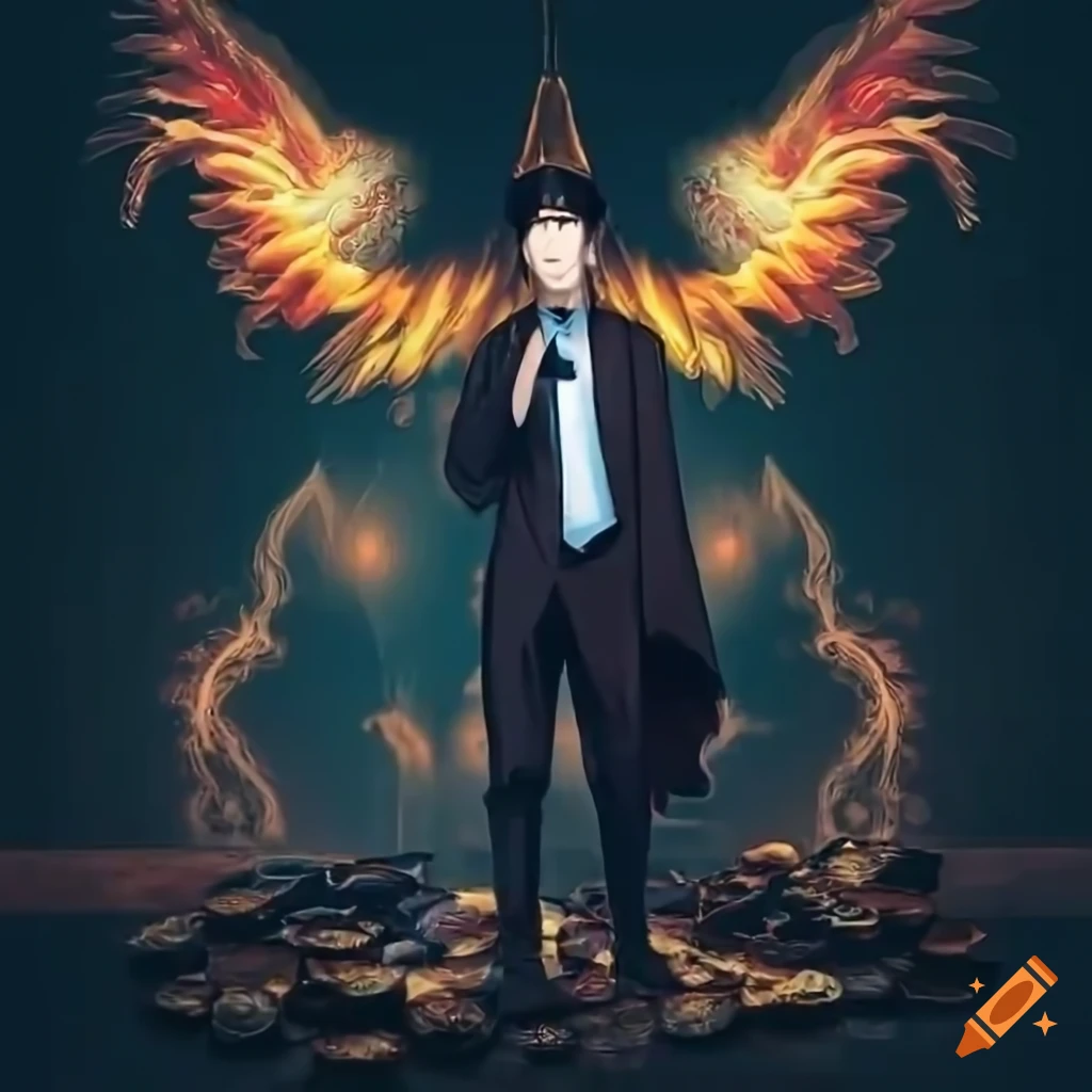 logo design of a mysterious man with phoenix wings