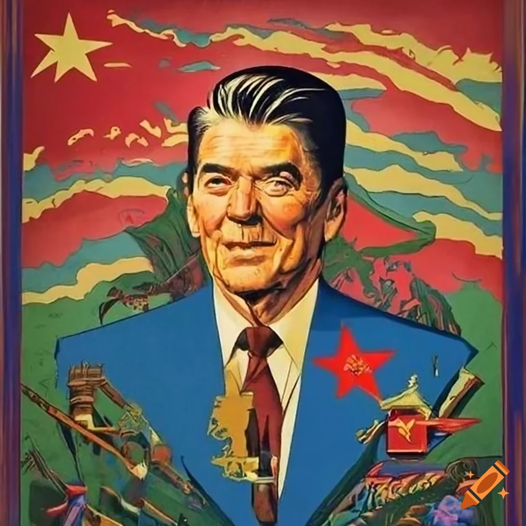 Vintage propaganda poster with ronald reagan and the soviet union