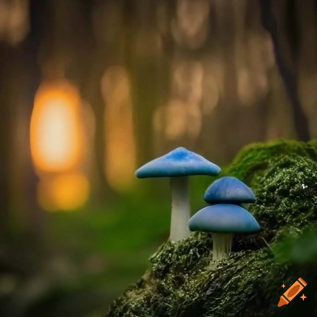 sunset with vibrant green and blue colors in a forest with mushrooms
