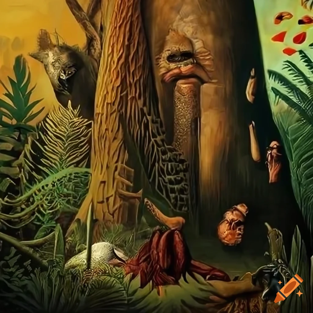 illustration of jungle landscape with animal-human hybrids