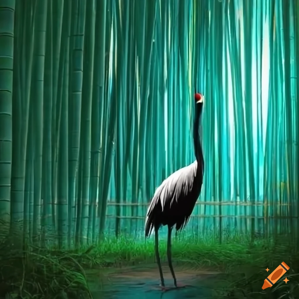 Japanese style artwork of a crane in a bamboo forest