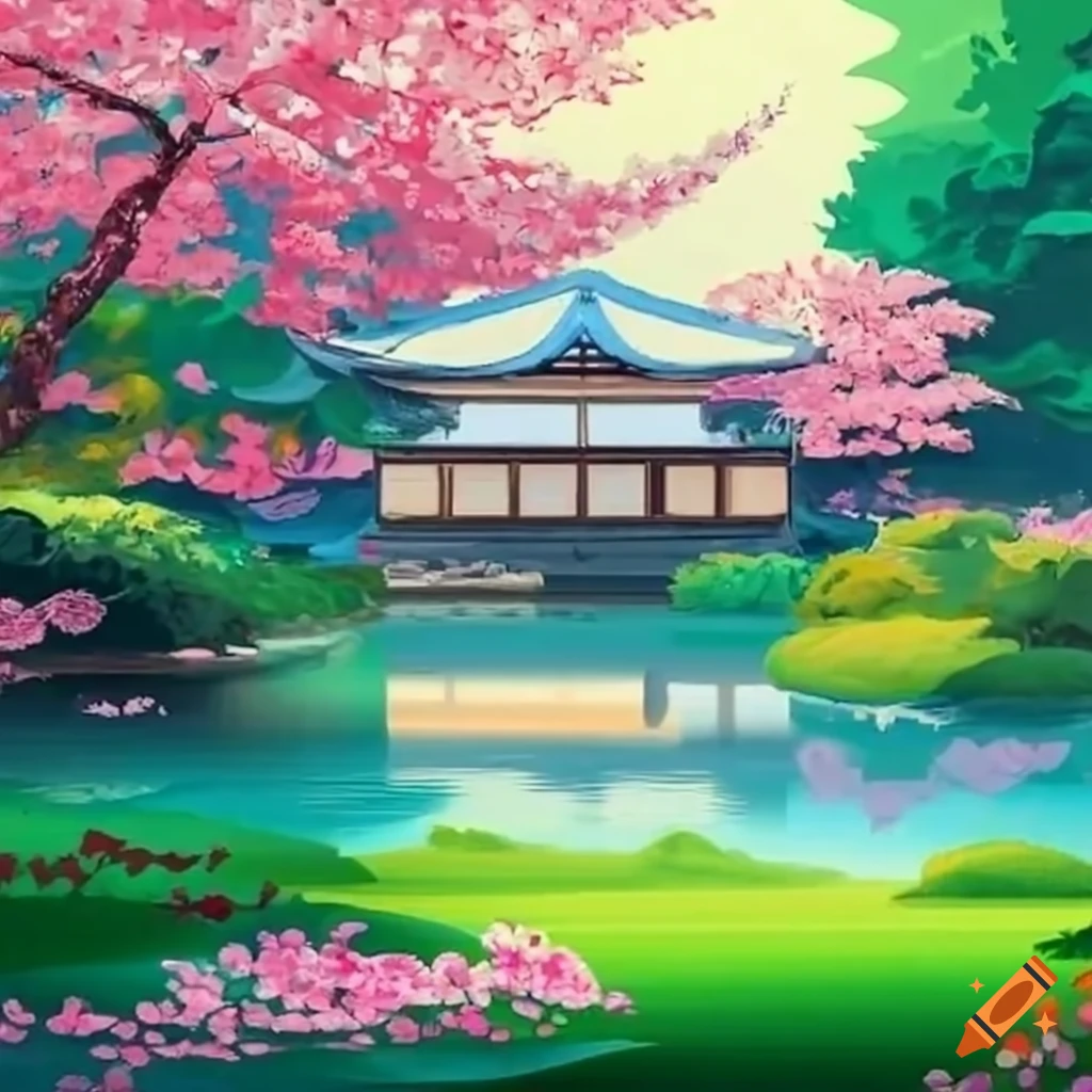 japanese-garden-with-blooming-cherry-tree-and-traditional-house-on-craiyon