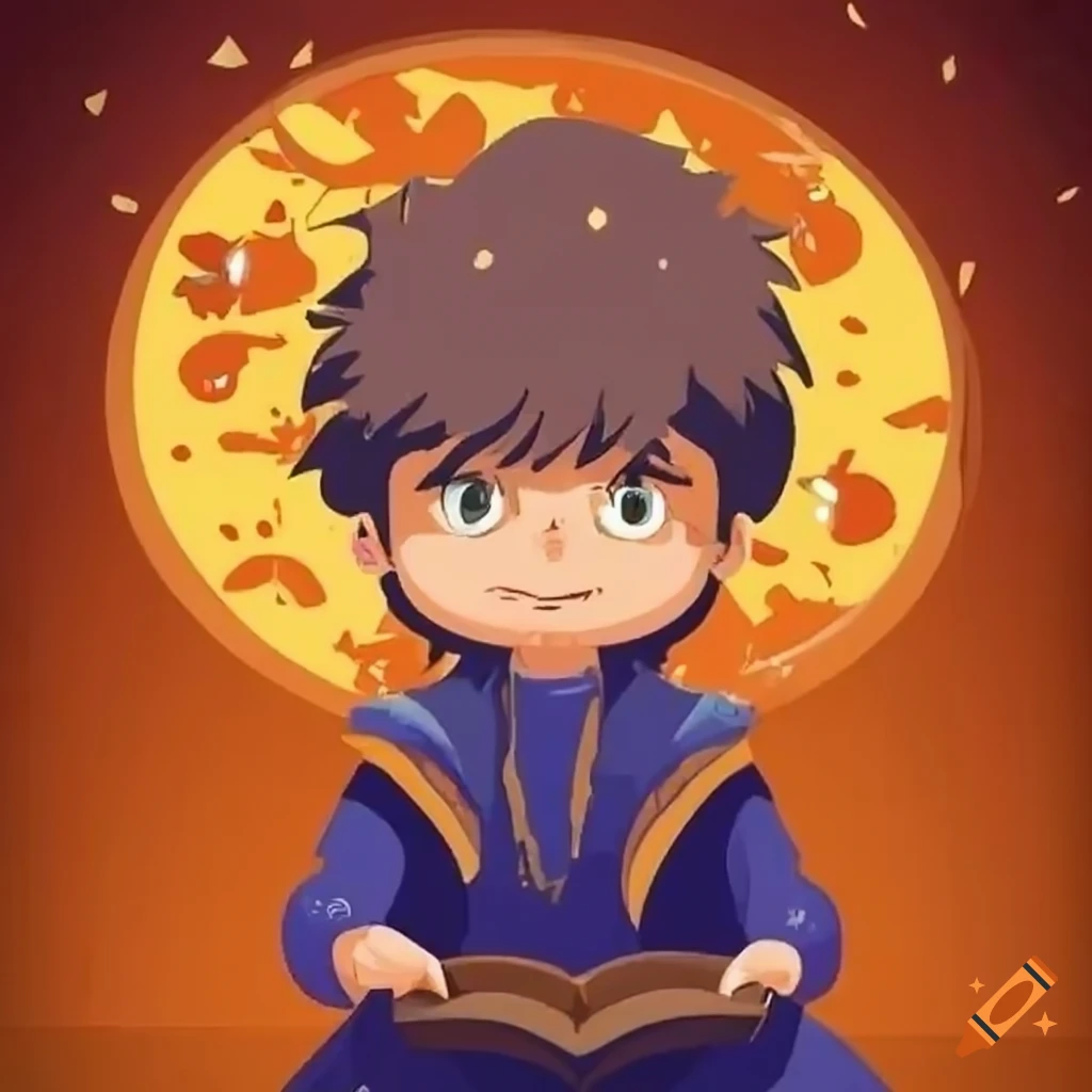 Illustration of a young wizard with a magical grimoire on Craiyon