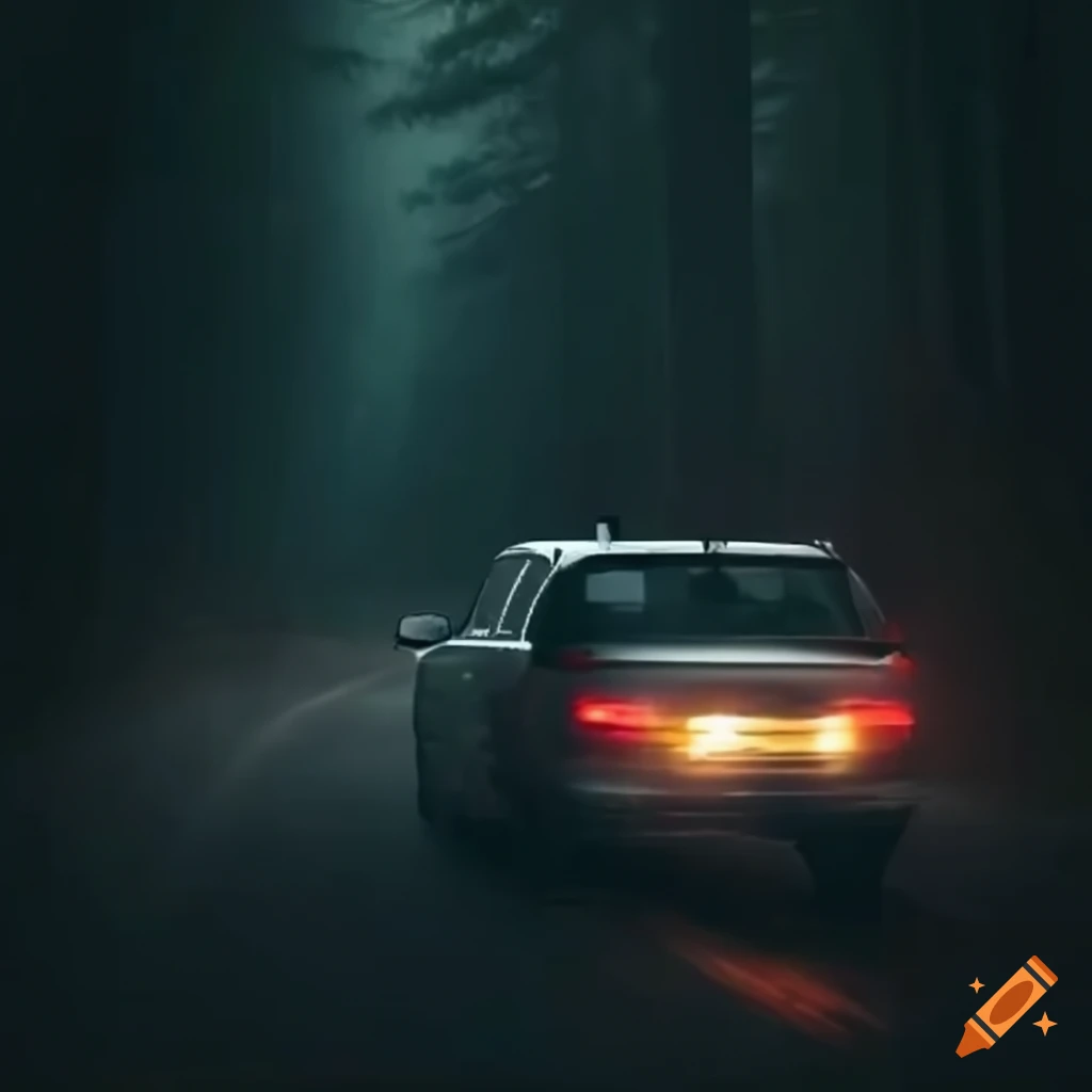 car driving through a dark forest at night