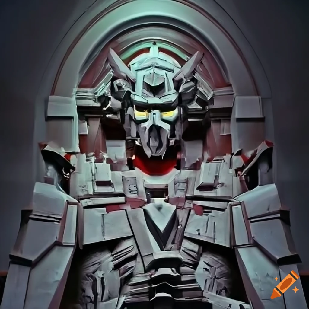 detailed architectural carving inspired by Gundam