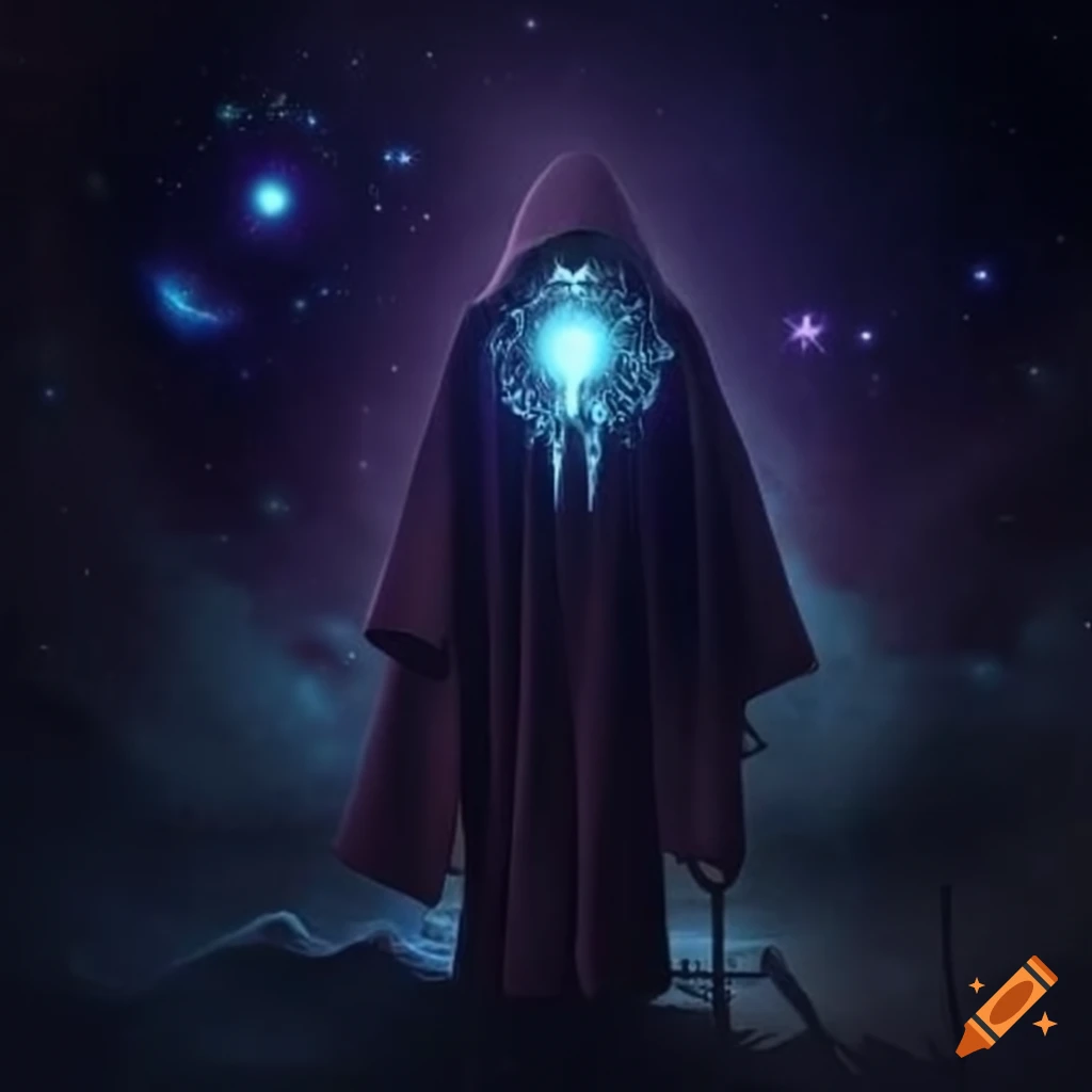 image of a levitating magician in a hooded robe